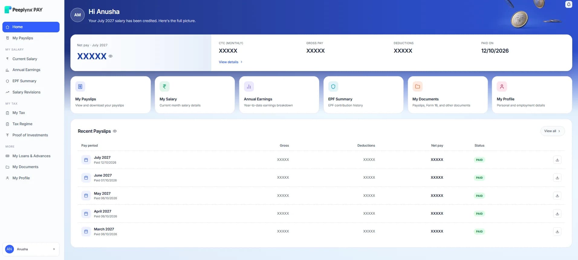 PeeplynxPay employee self-service dashboard with payslips