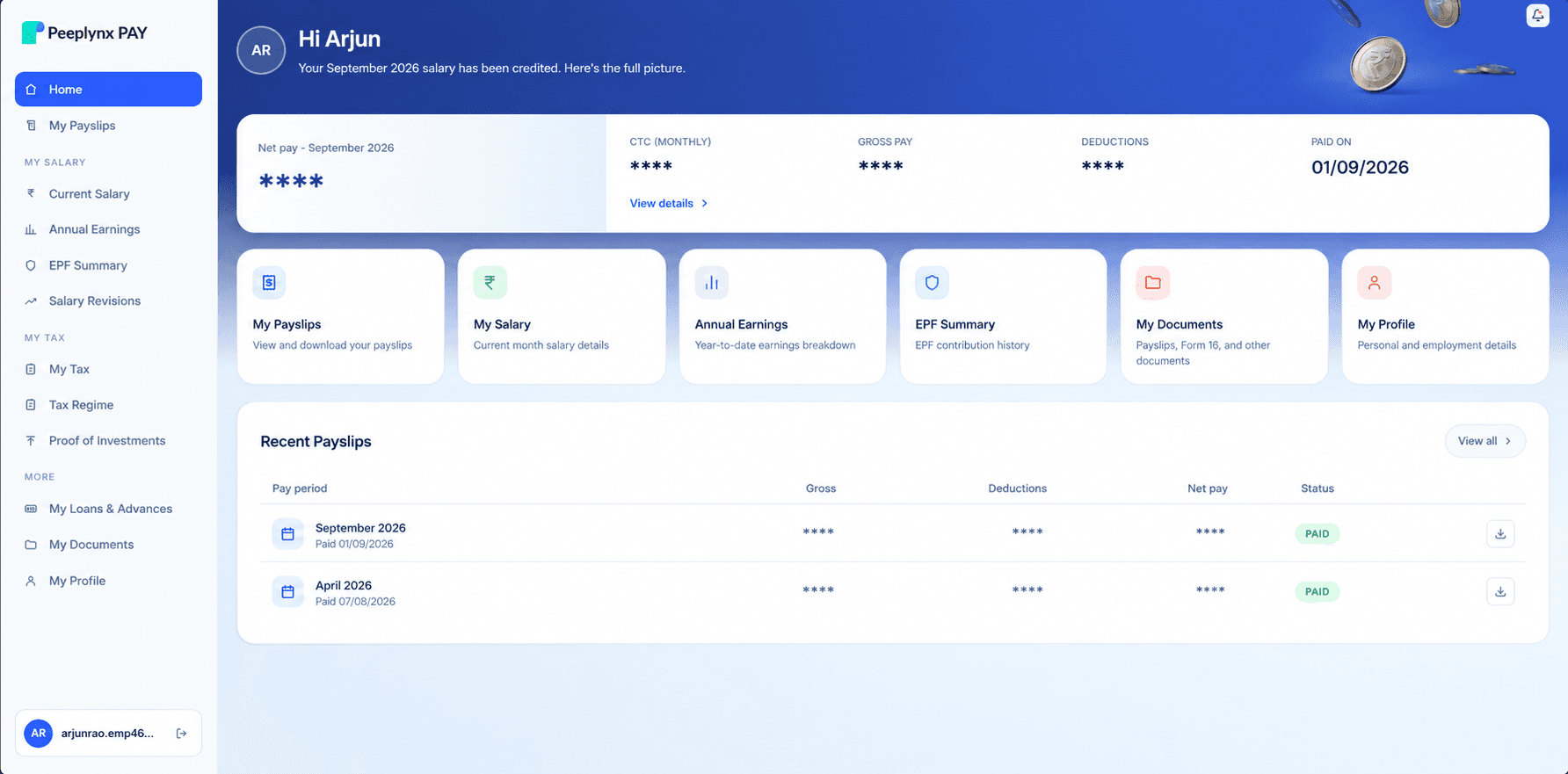 Payroll software dashboard showing employee self-service payroll with net pay, payslips, and salary documents
