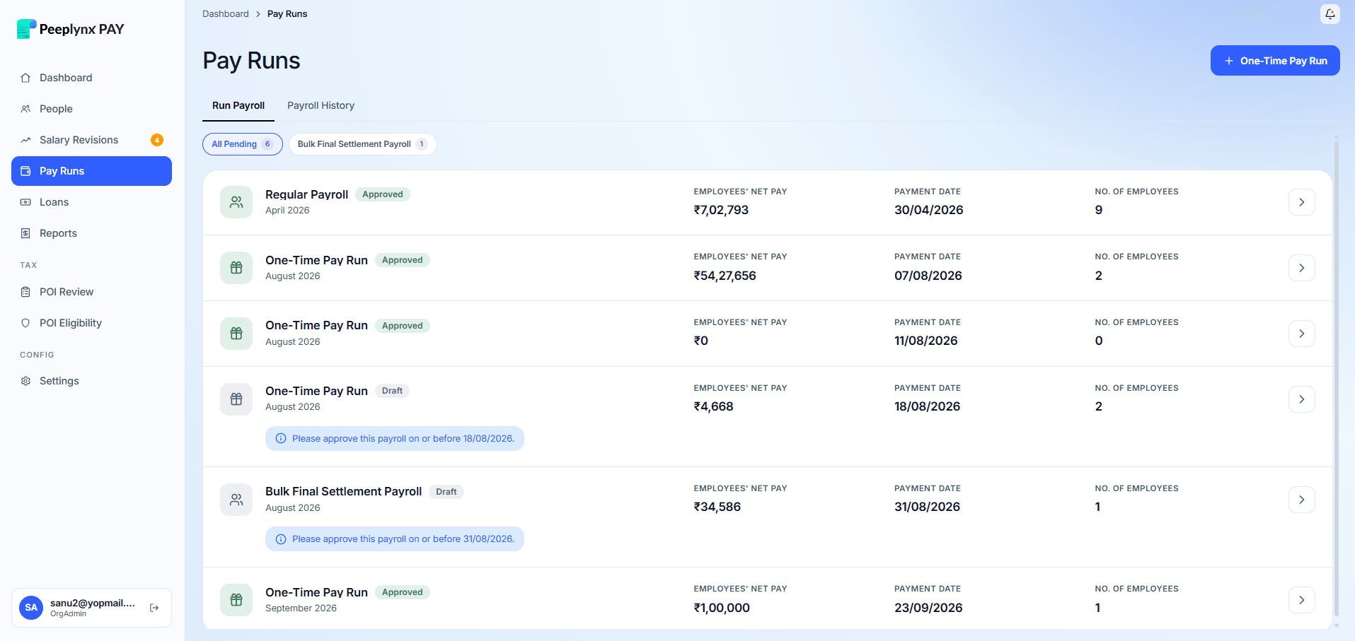 Payroll management software Pay Runs screen listing regular payroll, one-time pay runs, and final settlement with net pay and employee counts