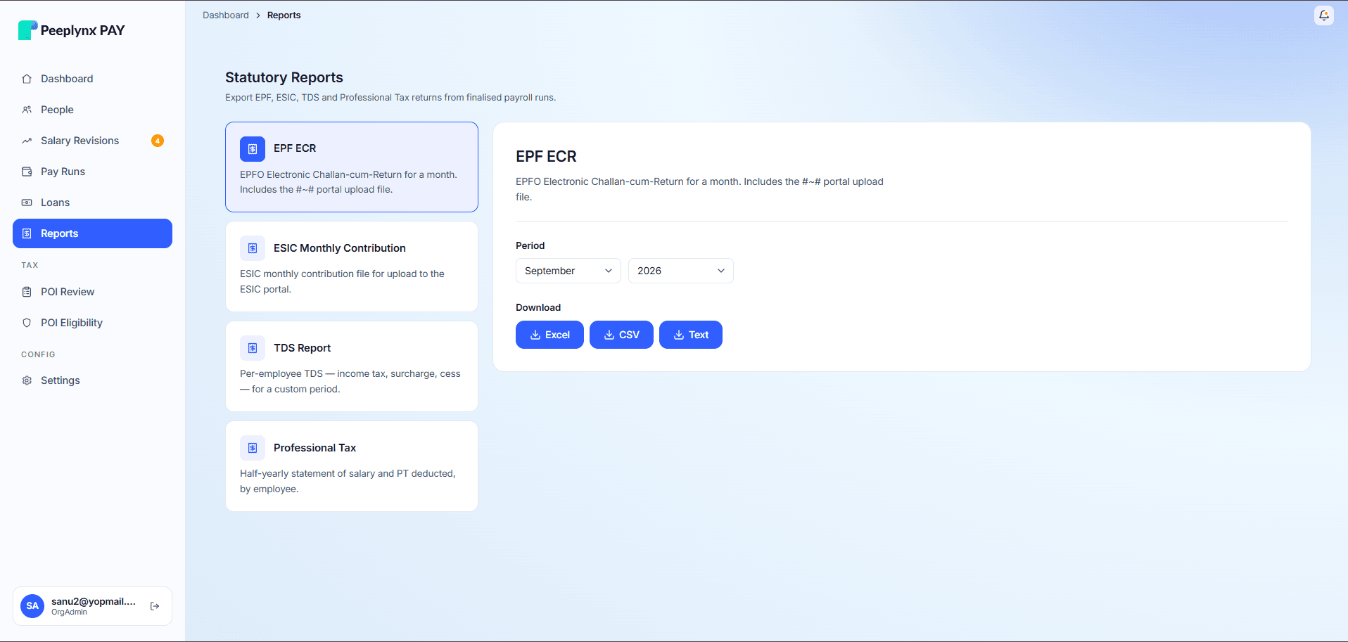 Peeplynx PAY Statutory Reports page with EPF ECR selected and Excel, CSV and Text download options for September 2026.