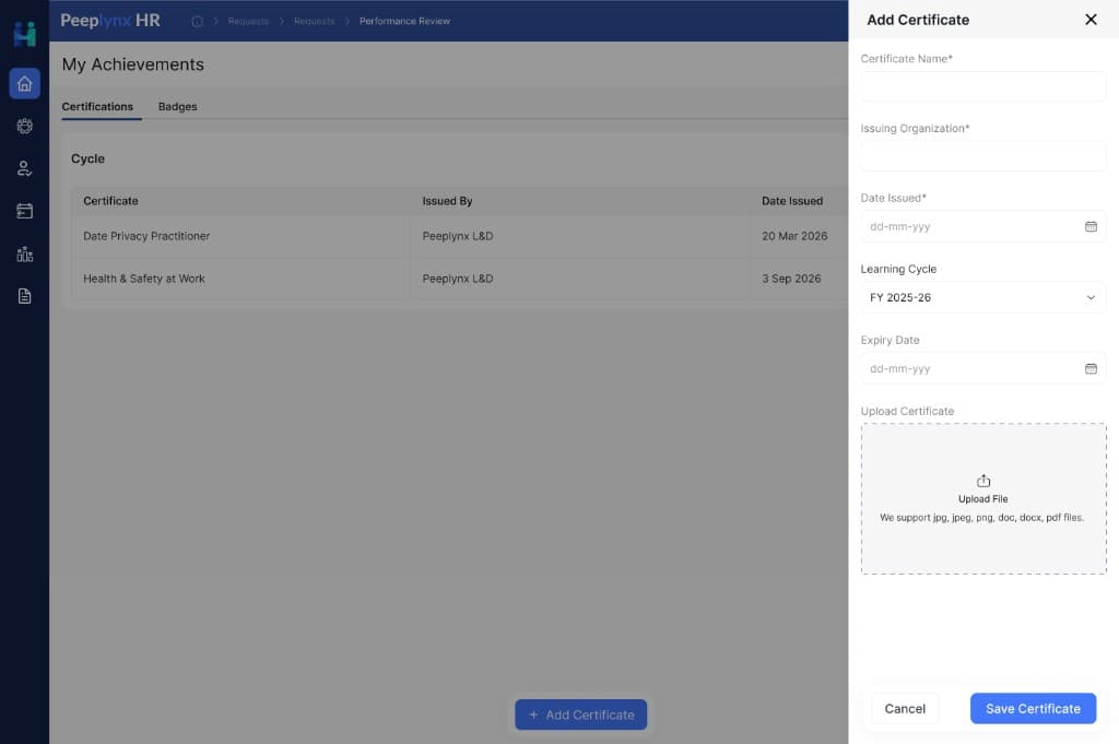 Screenshot of the Peeplynx HR add certificate drawer with certificate details, learning cycle, expiry date and upload fields.
