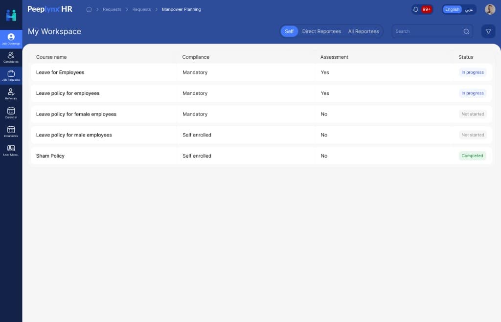 Screenshot of the Peeplynx HR learning workspace with course rows, compliance labels, assessment status and progress status.
