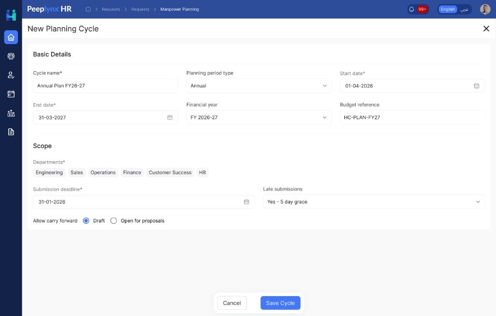 Screenshot of the 'New Planning Cycle' form in the Peeplynx HR manpower management module, showing fields for cycle details, dates, and department scope.