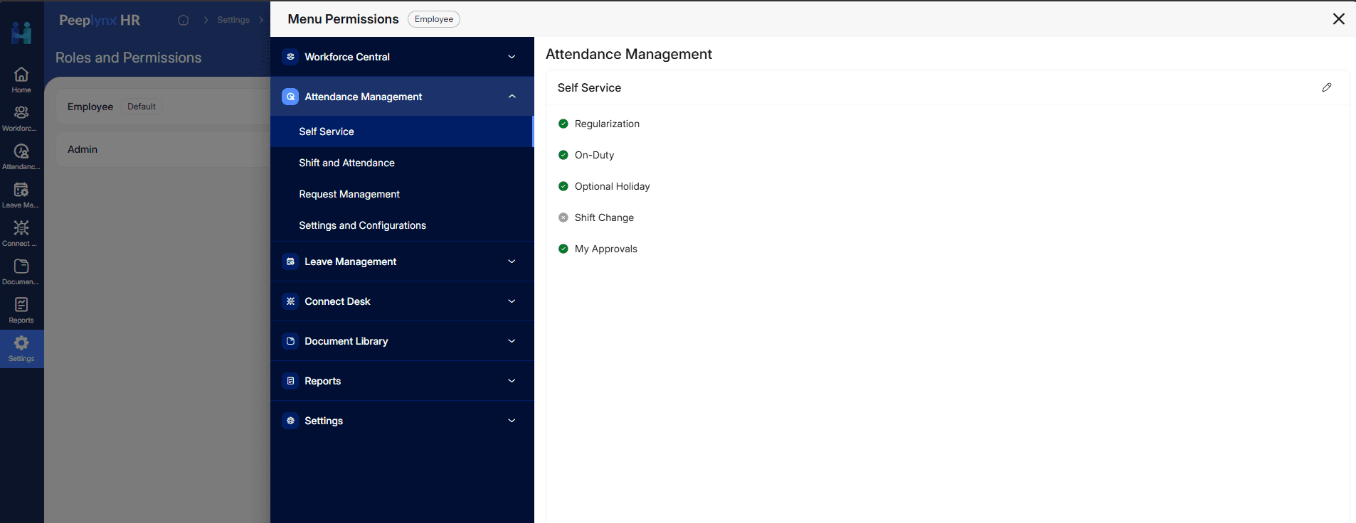 Menu Permissions panel in Peeplynx HRMS showing action-level toggles for the Employee role within Attendance Management