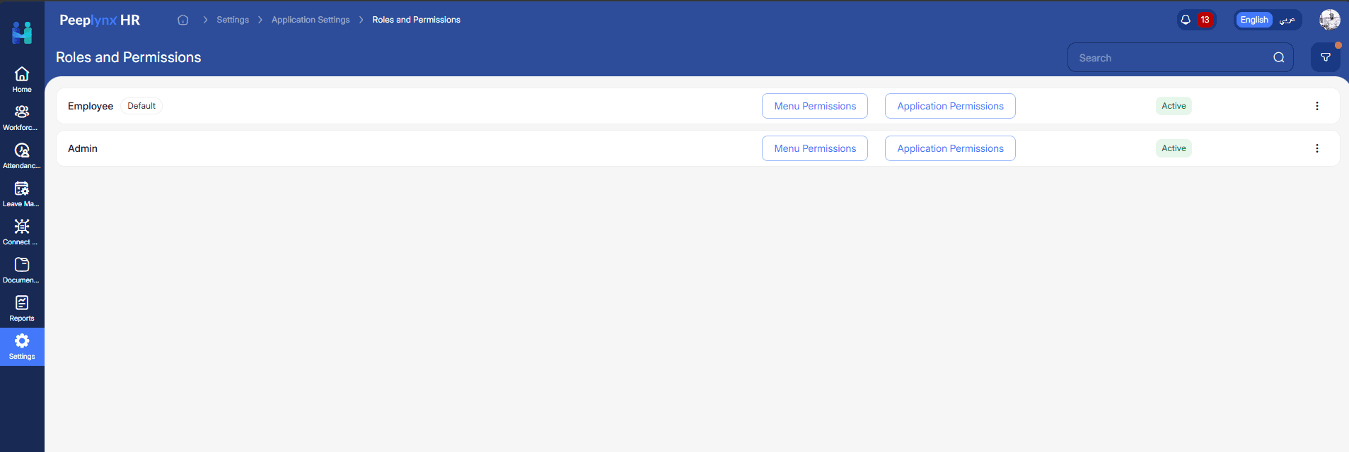 Roles and Permissions screen in Peeplynx HRMS listing the Employee and Admin roles with menu and application permission controls